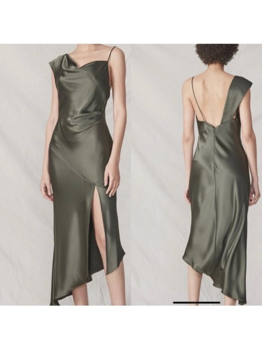 NWT ABS Allen Schwartz Everly Satin Drape Dress 2 Olive Green Slit One Shoulder